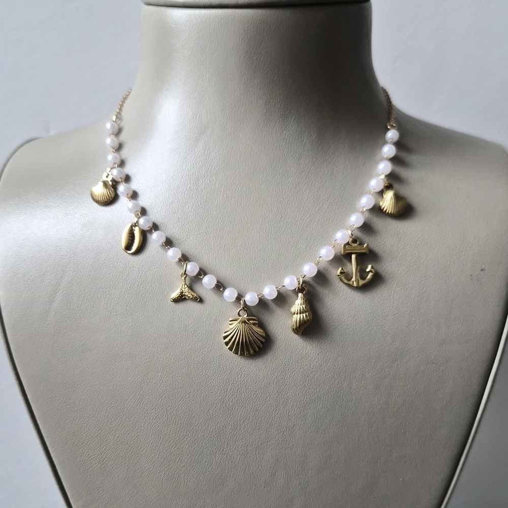 Seashell Charm Necklace in Gold and White